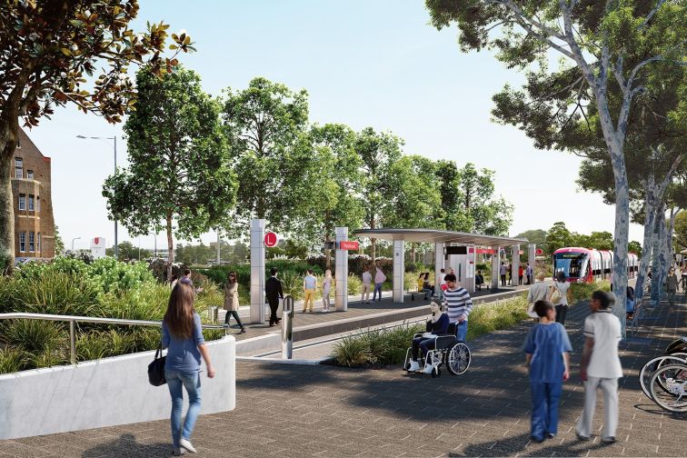 An artist's impression showing Westmead Station light rail stop.