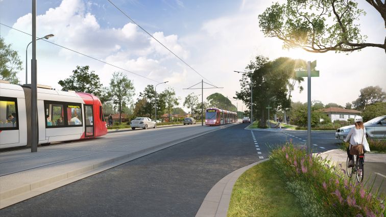 An artist's impression showing a light rail vehicle moving down a suburban street.