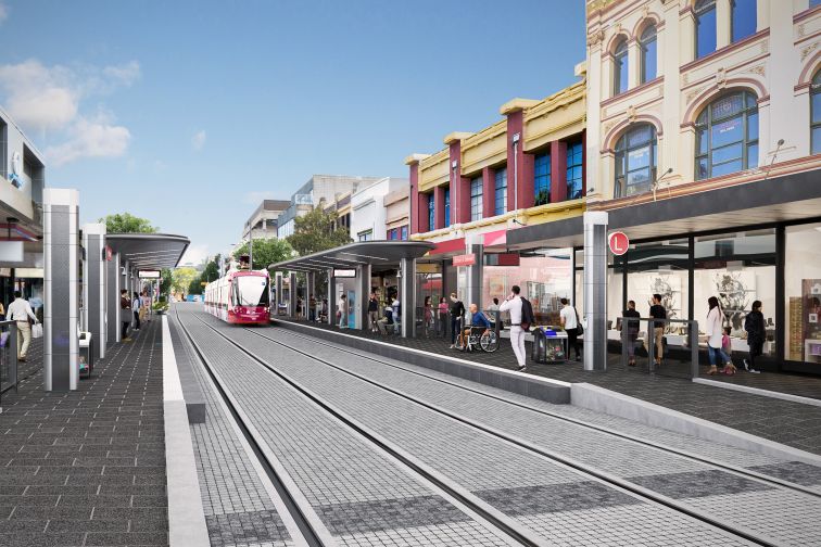 Artist impression of the Parramatta Light Rail along Eat Street.
