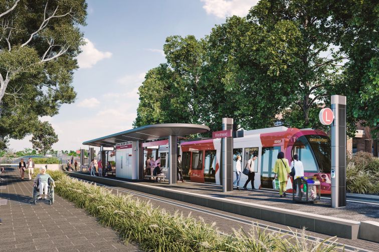 An artist's impression of a light rail vehicle approaching the Westmead stop.