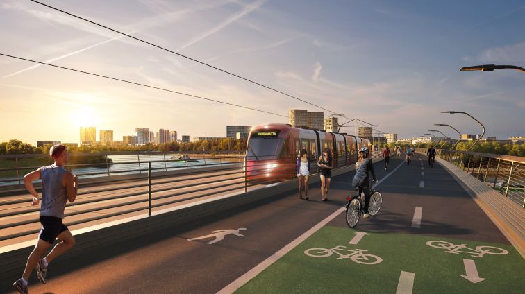 An artist impression of the Parramatta Light Rail's new bridge from Melrose Park to Wentworth Point