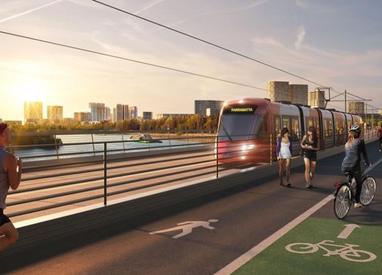 An artist's impression showing a light rail vehicle moving along tracks