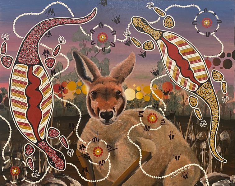 colourful indigenous dot painting showing kangaroo