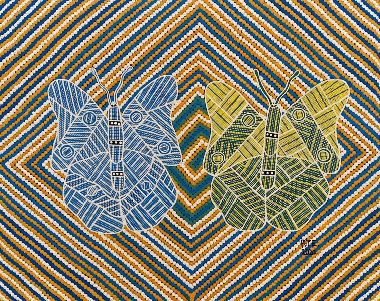 colourful indigenous dot painting showing 2 moths