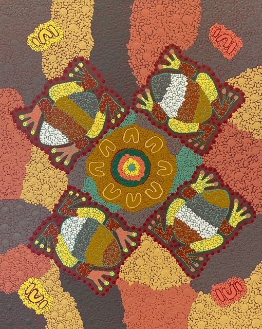colourful indigenous dot painting showing 4 frogs