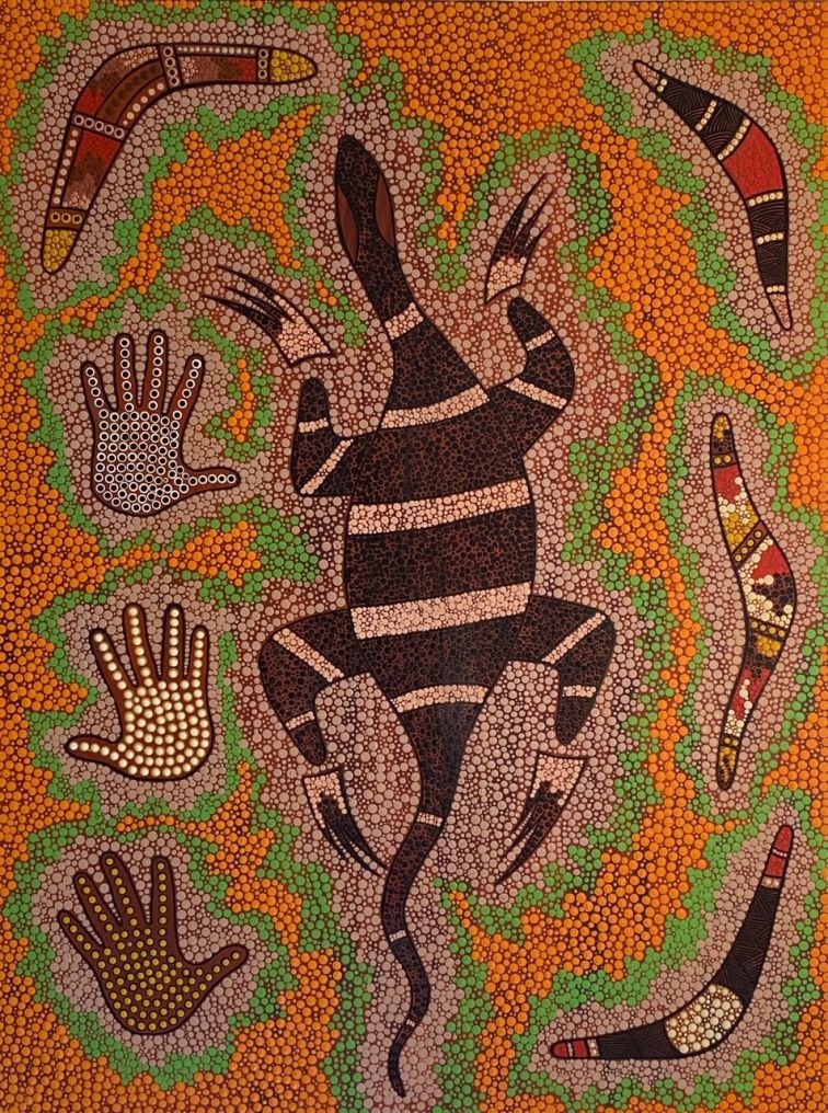 colourful indigenous dot painting showing a goanna