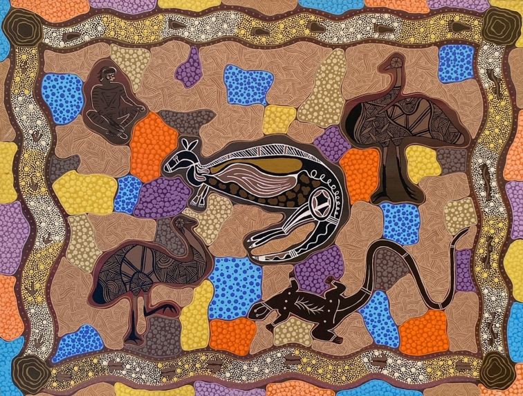 colourful indigenous dot painting with animals