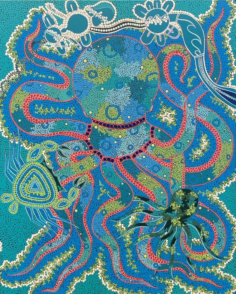 colourful indigenous dot painting with octopus