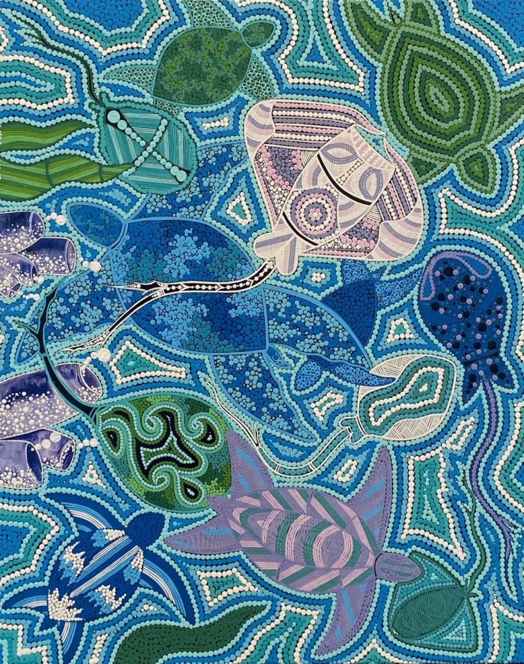 colourful indigenous dot painting with ocean animals