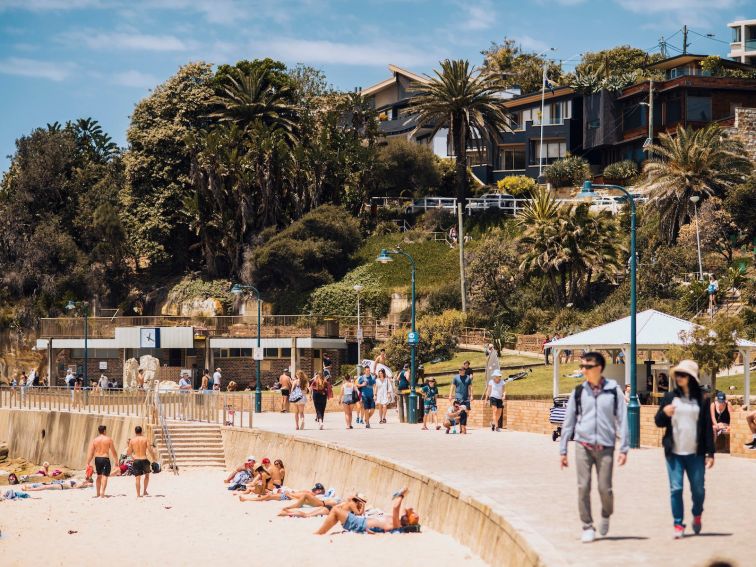 Visitors enjoying a summer's day at Bronte Beach, Sydney