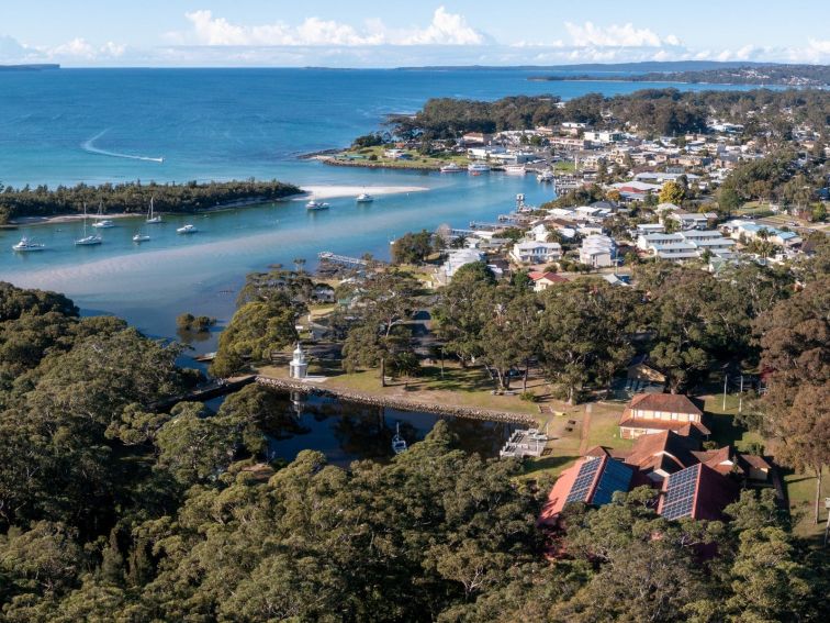 Aerial view Jervis Bay Maritime Museum, Huskisson, Currambene Creek and Jervis Bay.