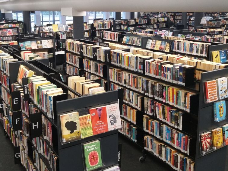 Photograph of bookshelves in rows