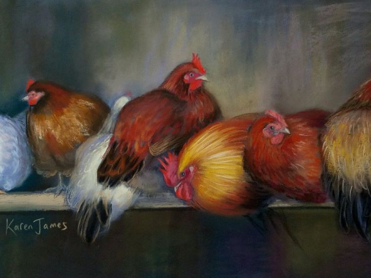 Chickens roosting pastel painting by Karen James, Bathurst