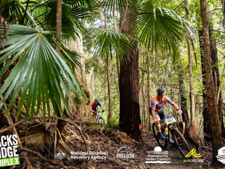 2 guys on mountain bikes hooning through a bush track surrounded by palms