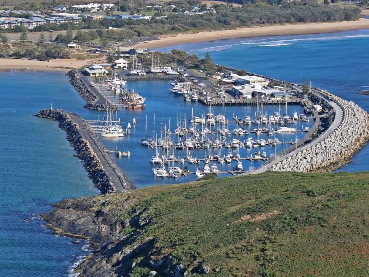 Coffs Harbour International Marina, as seen from Mutton Bird Island and part of the Soliatry Islands