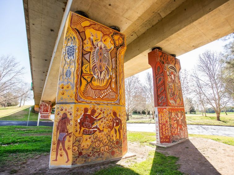 Cowra Bridge Pylons with Aboriginal Art - Side View