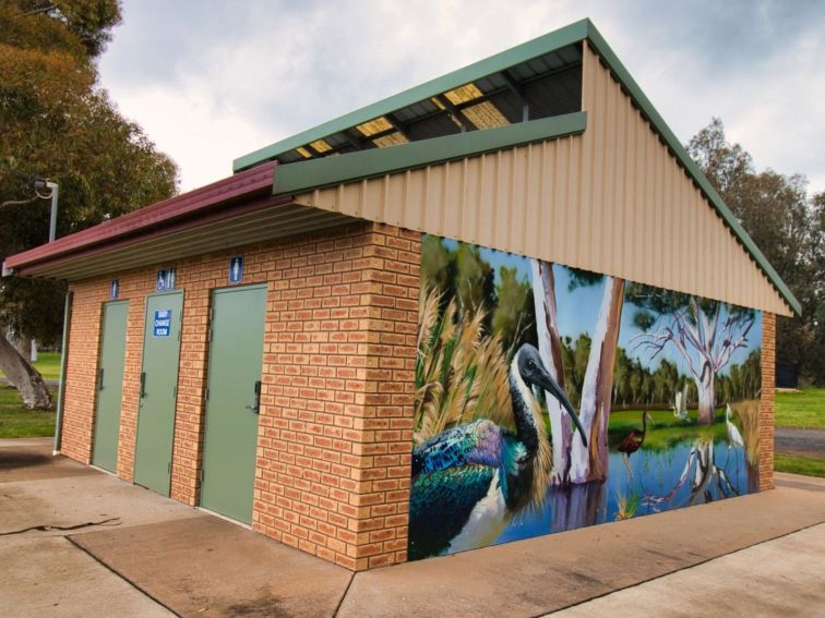 A panel mural featuring local native birds in a wetland.