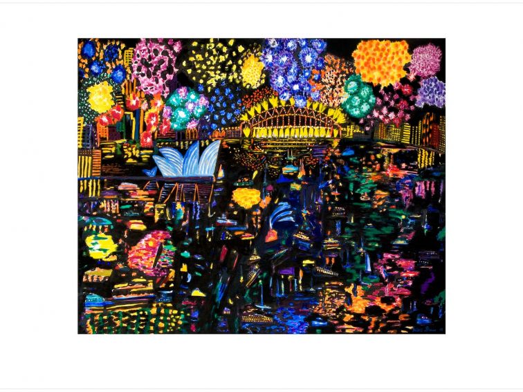 A limited edition print depicting colourful fireworks over Sydney Harbour