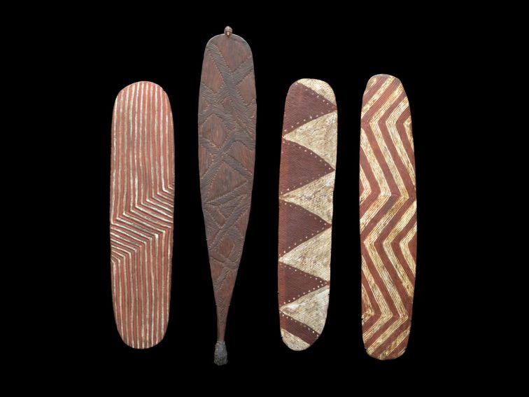 Three Austrlaia Aboriginal Shields and One Spear Thrower. Tribal Art Collection