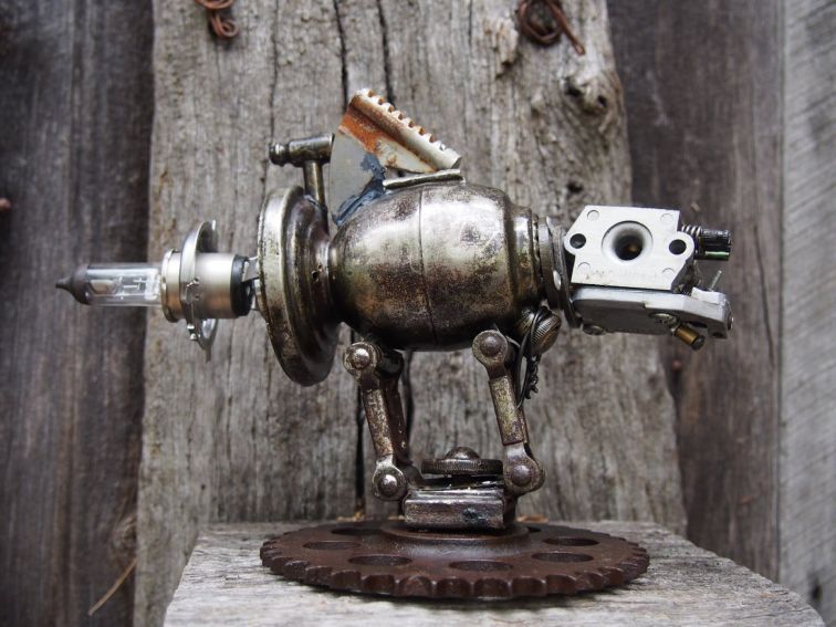 Rutic Robot sculpture made from recycled junk, assemblage art