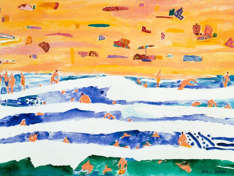 An original artwork depicting people on the beach and in the waves