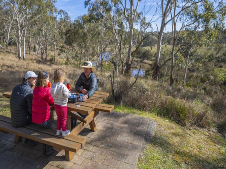 Family sitting at picnic table at Apsley Falls picnic area Oxley Wild Rivers National Park. Photo: