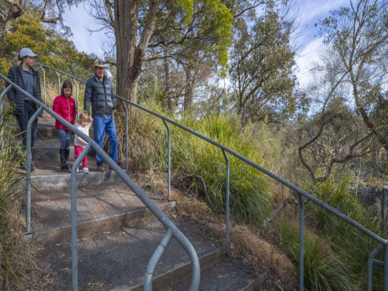 Family walking down stairs Apsley Falls picnic area Oxley Wild Rivers National Park. Photo: John