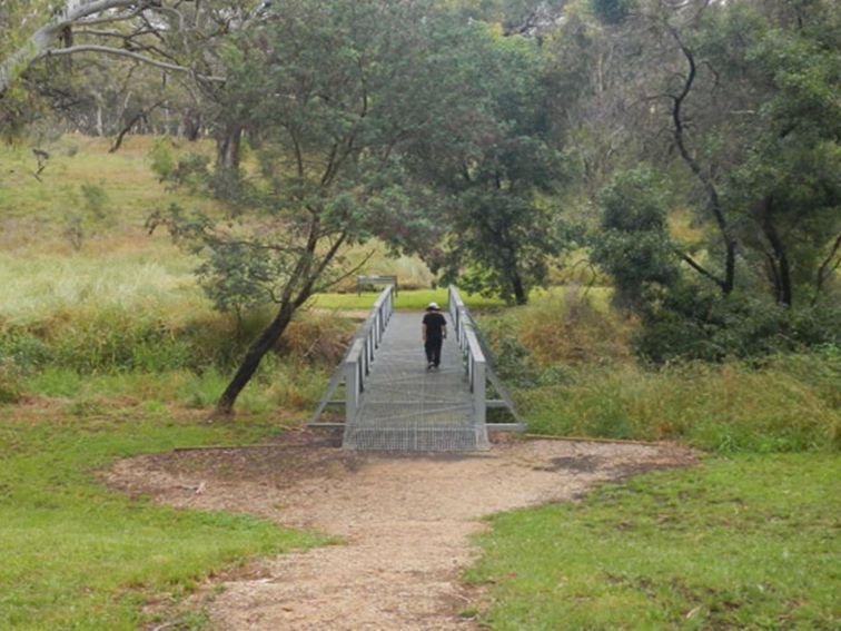 Person walking on a bridge on Arch loop track in Borenore Karst Conservation Reserve. Photo: Debby