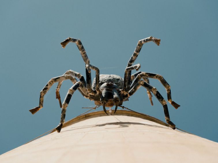 A metal sculpture of a massive spider looks down from the side of a water tower in Urana.