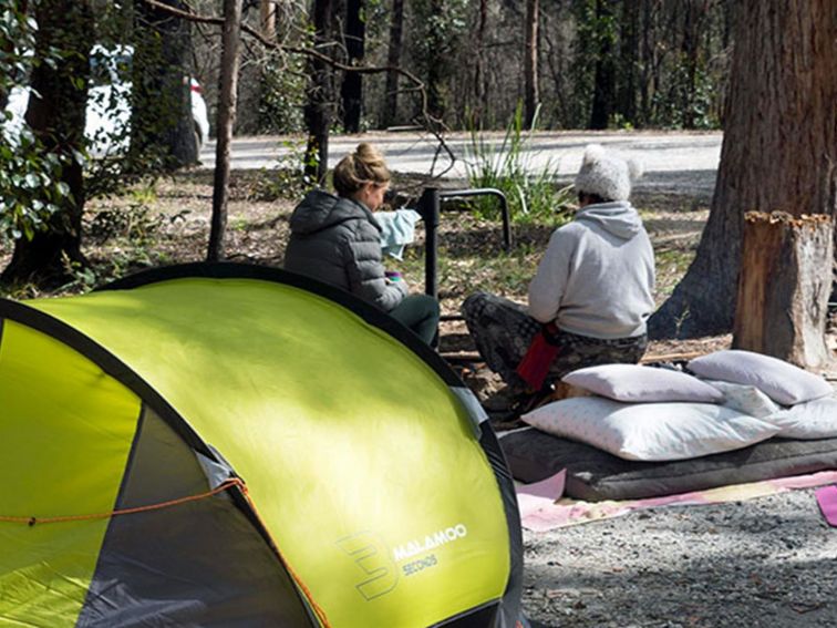 2 campers beside their tent at Bald Rock campground and picnic area in Bald Rock National Park.