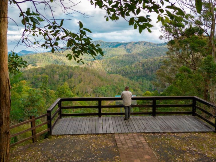 Visitor enjoying valley views from Border Loop lookout. Credit: John Spencer &copy; DPE