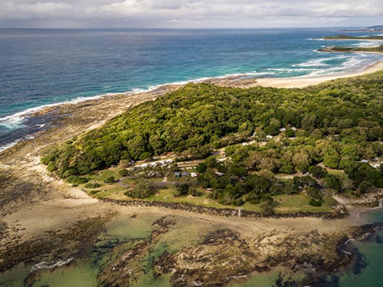 Aerial view of Woody Head cottages, cabins and camground, Bundjalung National Park. Photo: John