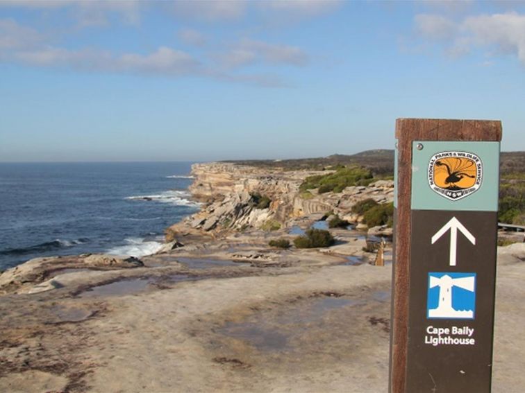 Park sign pointing to Cape Baily lighthouse, set against a vista of ocean, rugged rocky coastline