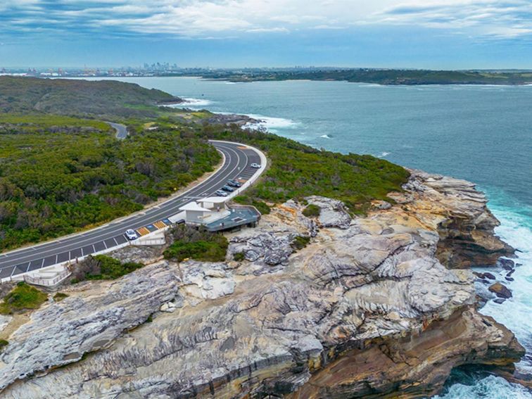Aerial photo of the whale watching platform at Cape Solander with views back to Botany Bay and