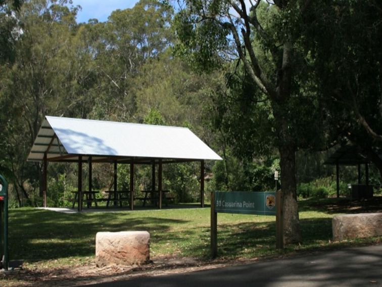 A picnic shelter and a sign at Casuarina Point picnic area in Lane Cove National Park. Photo: Nathan