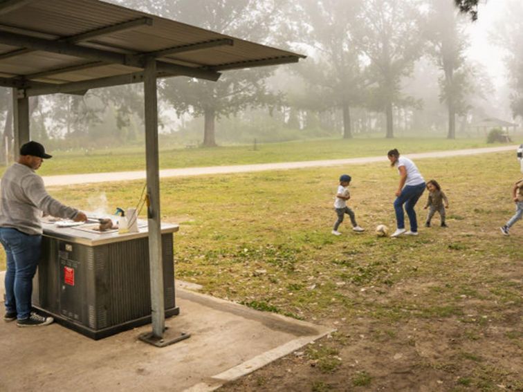 A man cooks up a barbecue lunch as a woman and three kids play soccer in the background. Cattai Farm