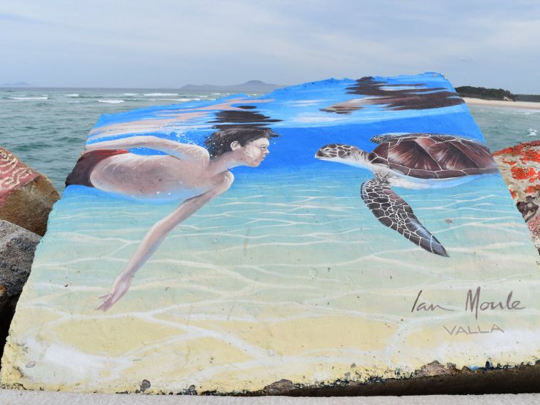 Painting - underwater scene, boy meets turtle on huge concrete block