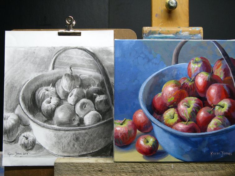 Apples painting with charcoal study drawing. Karen James Art Gallery, Bathurst.