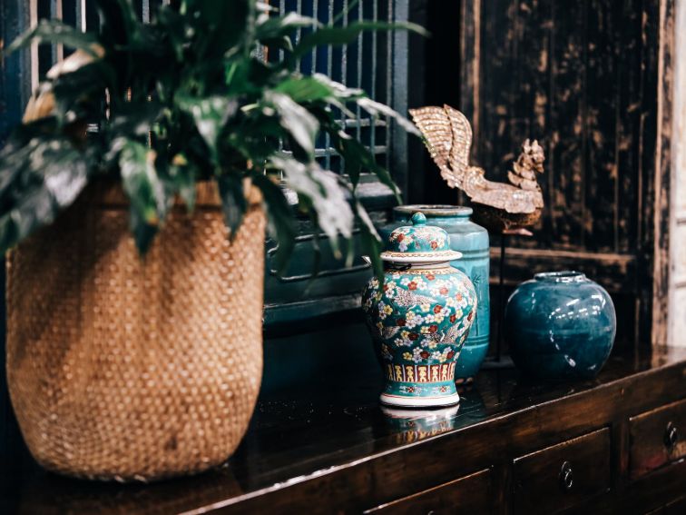 Chinese Cabbage Basket, Ceramic Vase and Burmese Bird
