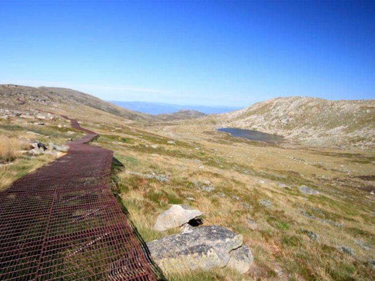 The metal mesh path of Kosciuszko walk - Thredbo to Mount Kosciuszko passes Lake Cootapatamba,