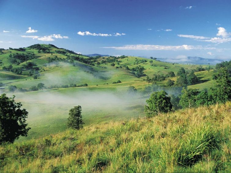 Rolling green hills with blue sky and low lying mist