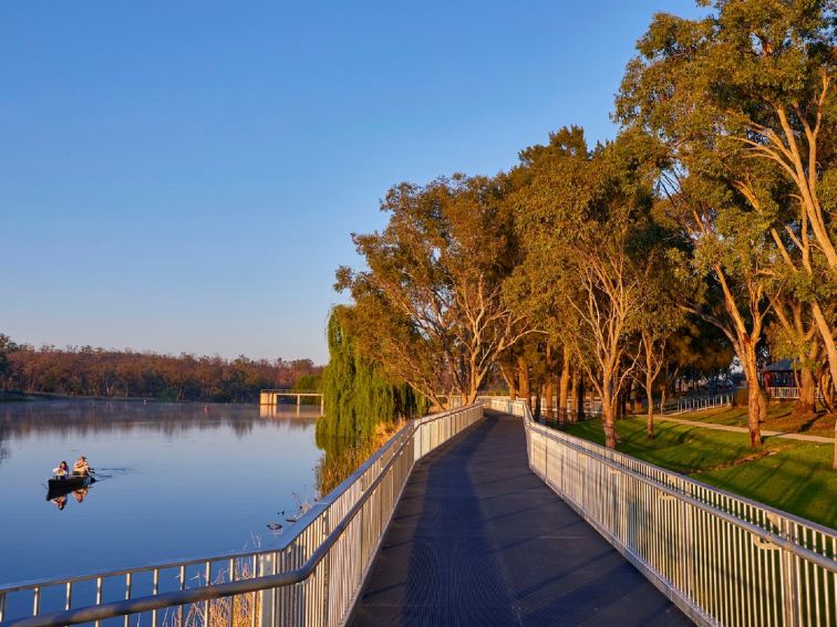Boardwalk on right and Lake Inverell with Kayaker on left