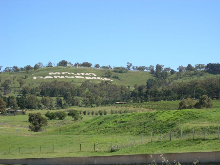 Mount panorama sign on mountain side, Bathurst.