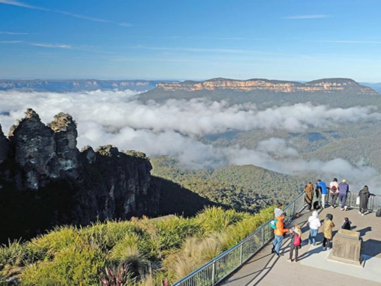 Visitors take in views from Echo Point lookout, Katoomba, Blue Mountains National Park. Photo: