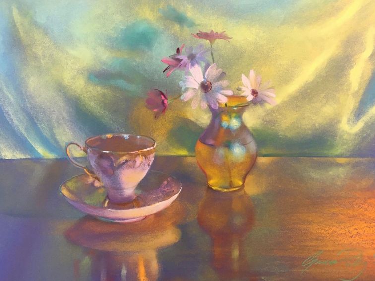 Daisies with Mums Teacups pastel on paper by Grace Paleg