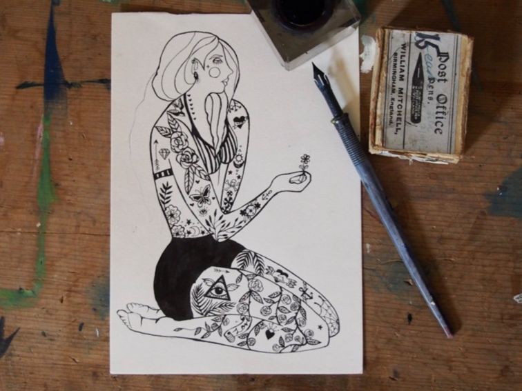 Original ink illustration of a girl with tattoos