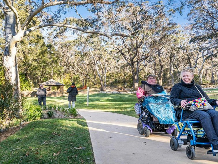 Visitors using wheelchairs on a path in the picnic area at Govetts Leap lookout. Credit: Simone