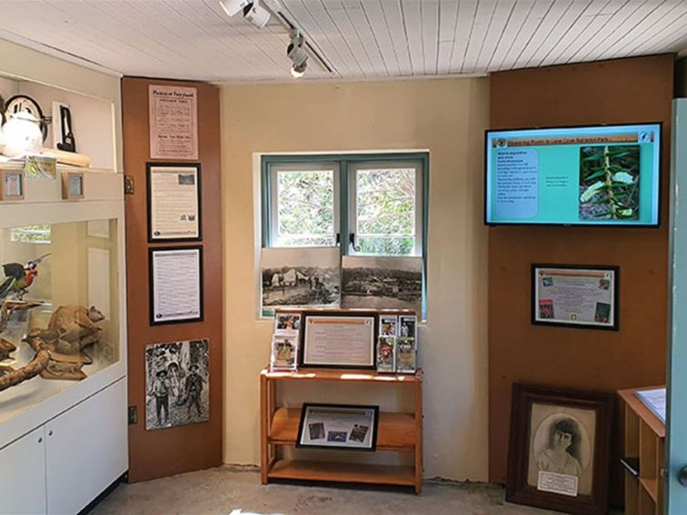 The eastern interior of Jenkins Kitchen with photographs and animals on display in Lane Cove