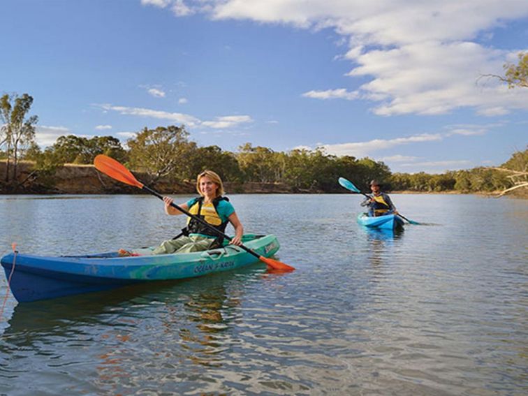 Kayaking on the Murray River near Benarca Forest in Murray Valley Regional Park. Photo: Photo