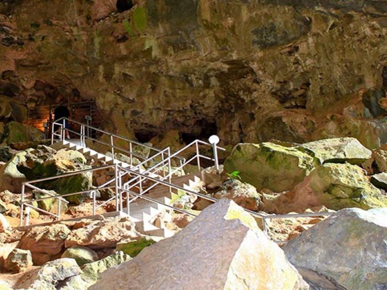 Stairs climb up into Nettle Cave, open for self-guided tours, at Jenolan Karst Conservation Reserve.